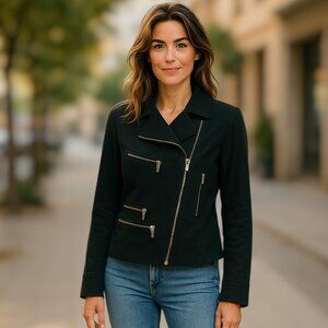 Bianca Nygard Petite Jet Black Asymmetrical Zip Up Moto Style Jacket Size 10P